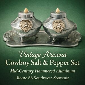 Vintage Arizona Cowboy Salt Pepper Set w Tray Hammered Aluminum Japan